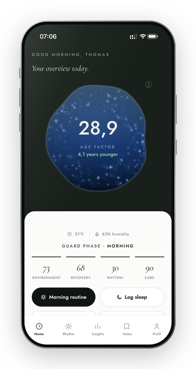 NATURFACTOR app – home screen showing the Age Factor and the four factors Environment, Recovery, Rhythm and Care